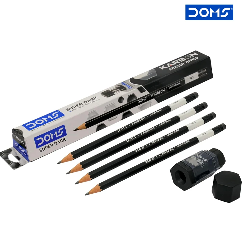 DOMS KARBON Super Dark HB-2 Graphite Pencils Pack Of 12 Pencils With Free Sharpener Eraser Tip (8492)
